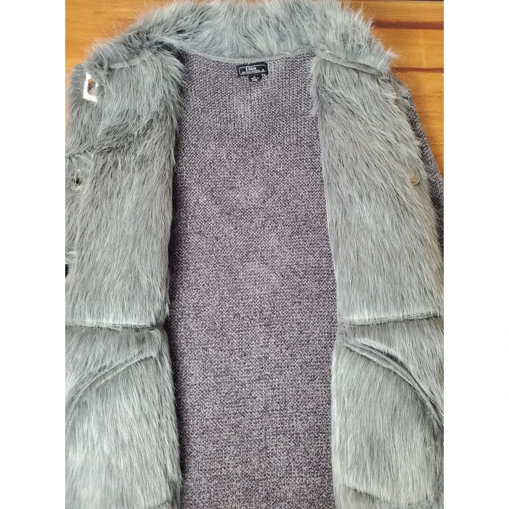 Vintage Lisa Gray‎ Sweater Jacket Faux Fur Collar Silver Turn Lock Buttons Large